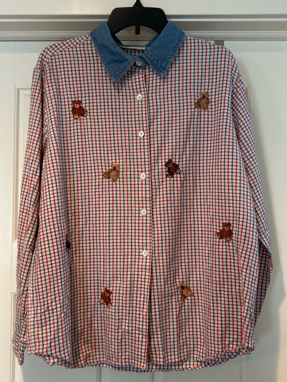 Checked Button-Down Shirt with Denim Collar and Boyd’s Bears Embroidery